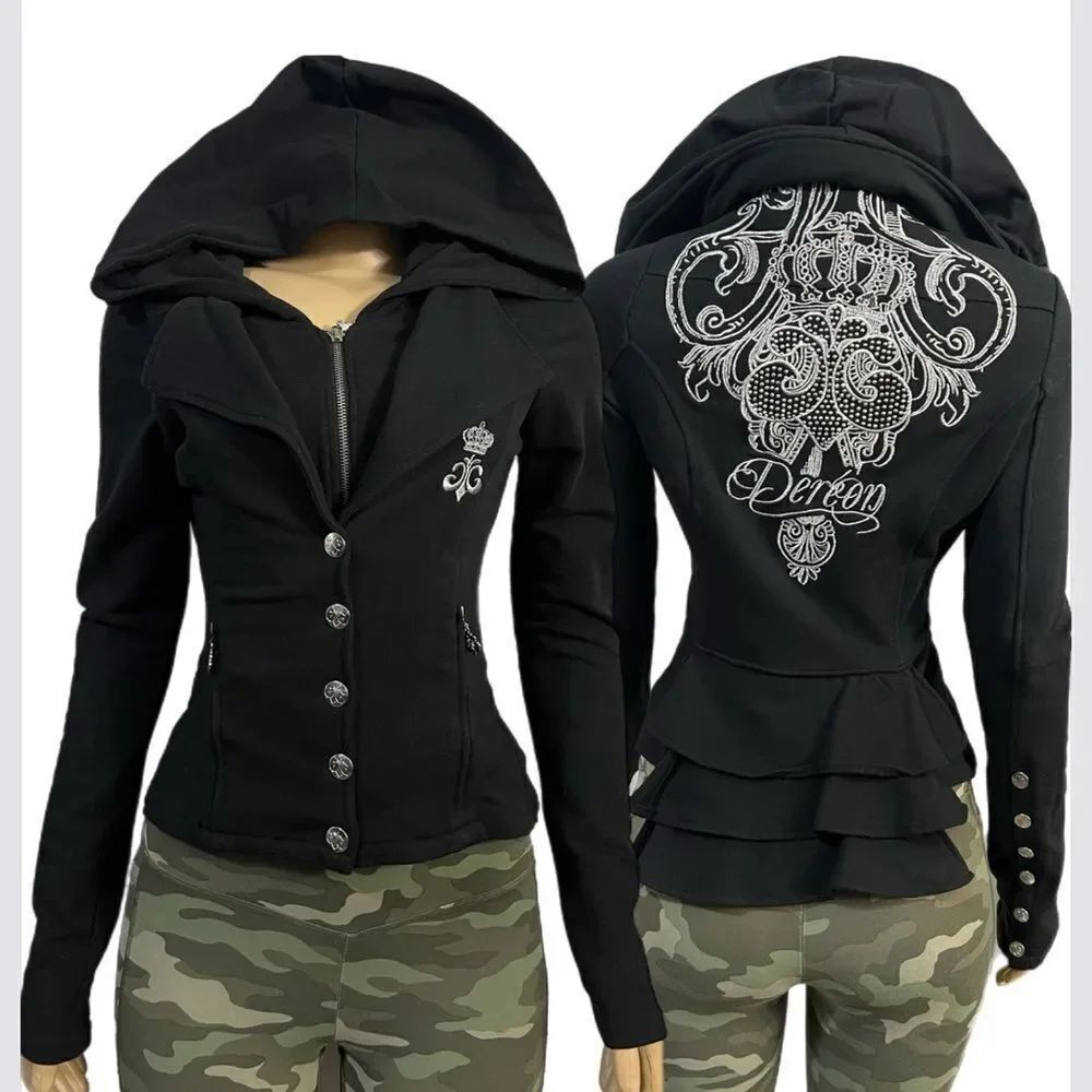 Dereon NWOT Stylish Hoodie Full Zip & Snap Closure Long Sleeve Small Black